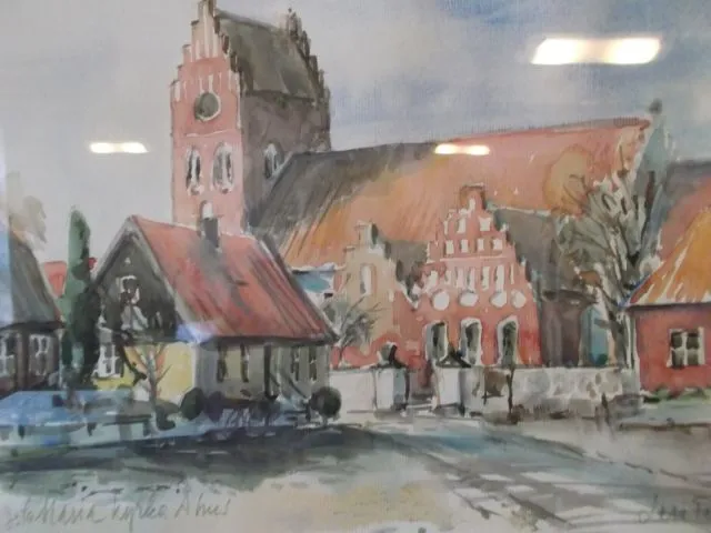Aquarell der Marienkirche in Åhus mit rotem Backsteinturm und Treppengiebeln